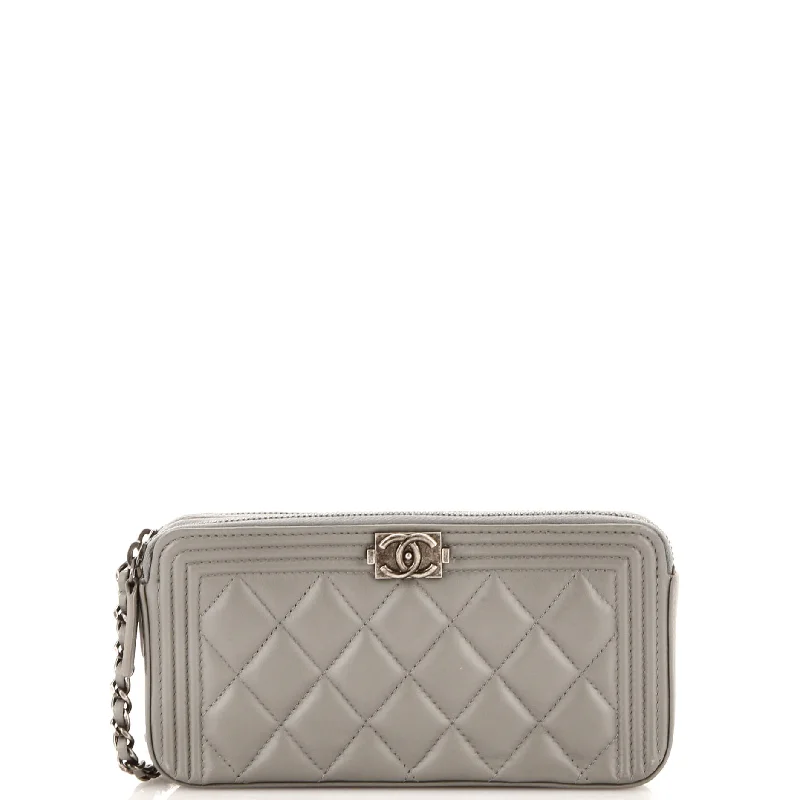 Women's Monogrammed Leather Clutch in Tan for Personalized StyleBoy Double Zip Clutch with Chain Quilted Lambskin