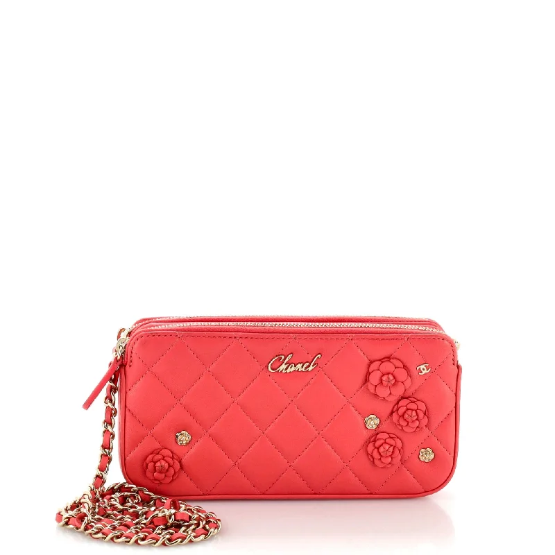 Geometric - Patterned PVC Evening Bag in Multicolor for Trendy Nights OutCamellia Charms Double Zip Clutch with Chain Quilted Lambskin