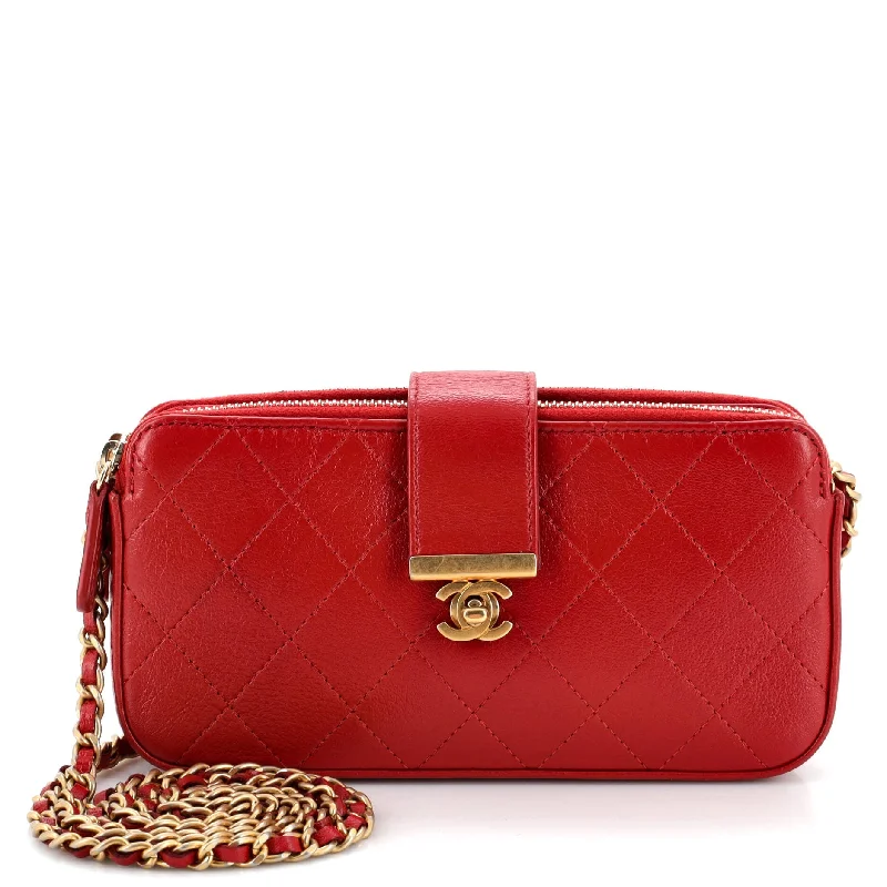 Women's Lizard - Print Clutch in Brown for a Chic LookCC Box Turn Lock Double Zip Clutch with Chain Quilted Calfskin