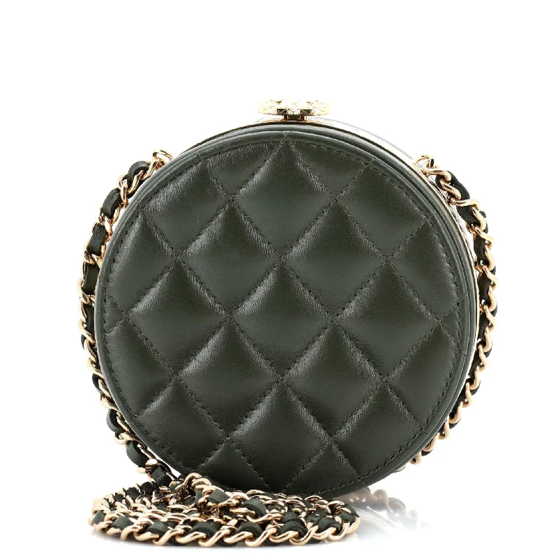 Mirrored Clutch in Silver for Futuristic - Themed GatheringsCC Frame Round Clutch with Chain Quilted Lambskin