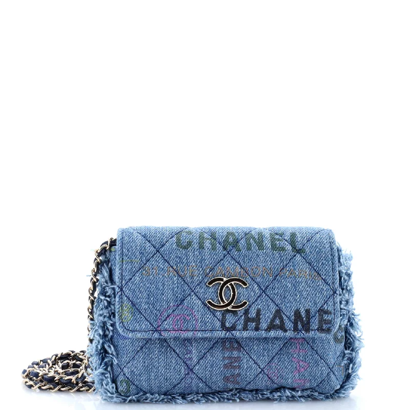 Geometric - Patterned PVC Evening Bag in Multicolor for Trendy Nights OutDenim Mood Flap Clutch with Chain Logo Printed Quilted Fringe Denim