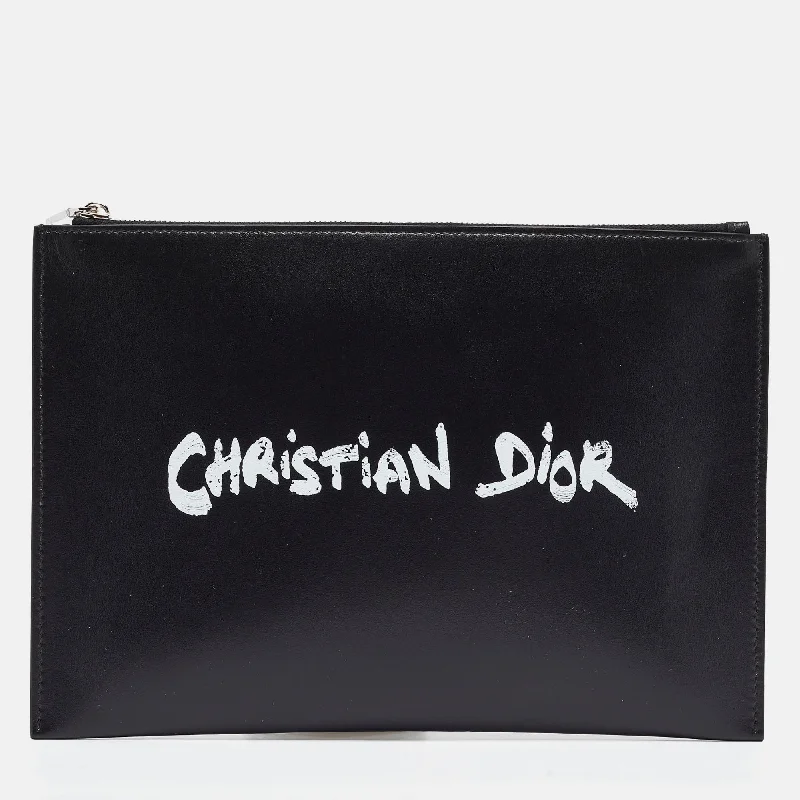 Women's Glittery Clutch in Blue for Disco - Themed EventsDior  Leather Logo Slim Pouch