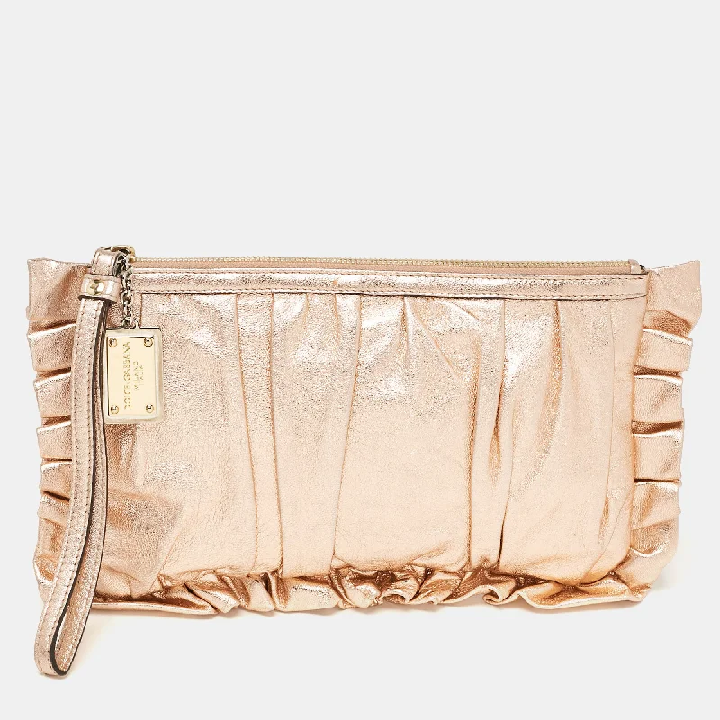 Mirrored Clutch in Silver for Futuristic - Themed GatheringsDolce & Gabbana Rose Gold Leather Ruffle Wristlet Clutch