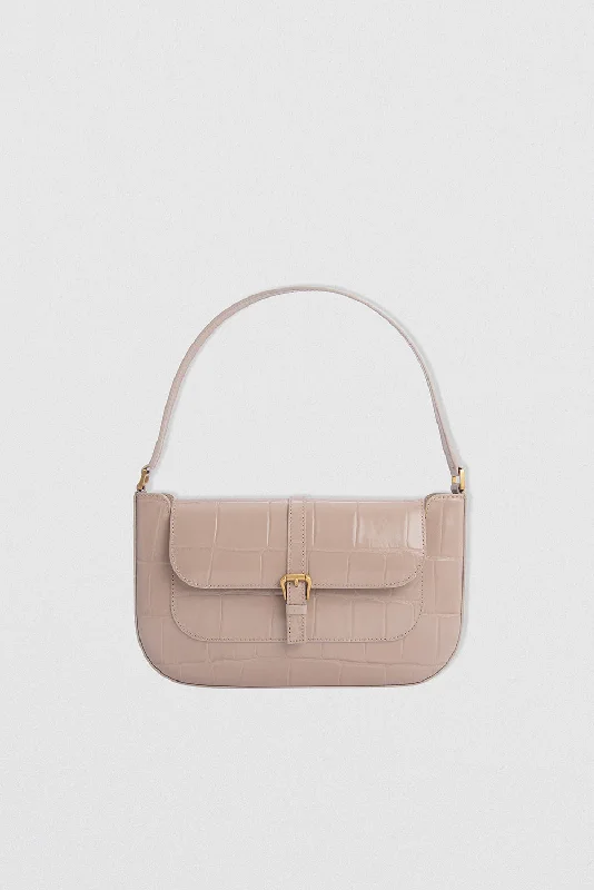 Suede Shoulder Bag in Pink with Tassel Accents for Casual OutingsMiranda Taupe Maxi Croco Embossed Leather