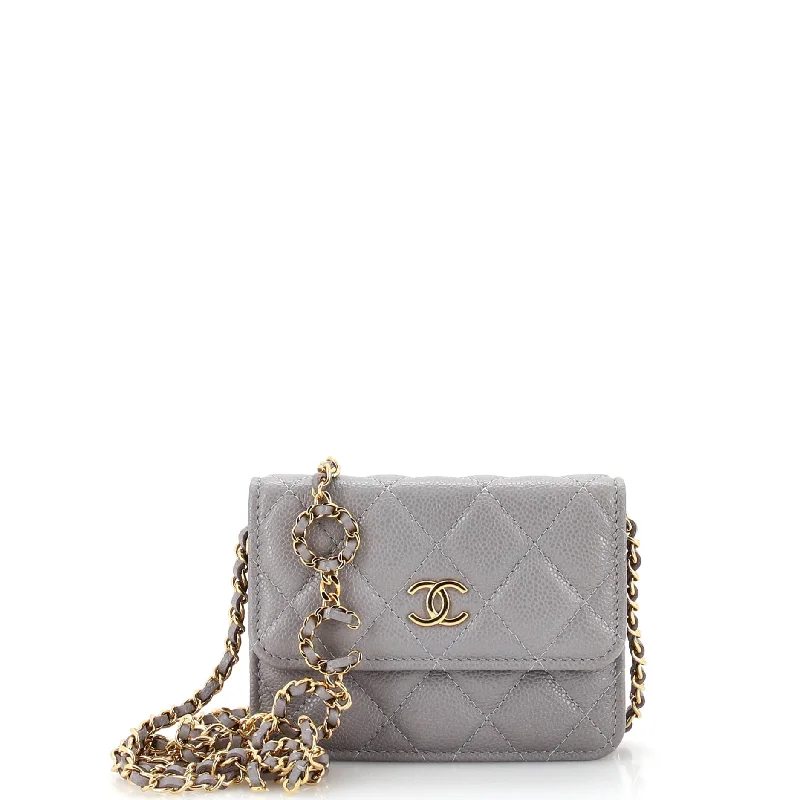 Mirrored Clutch in Silver for Futuristic - Themed GatheringsMiss Coco Strap Flap Clutch with Chain Quilted Caviar Mini