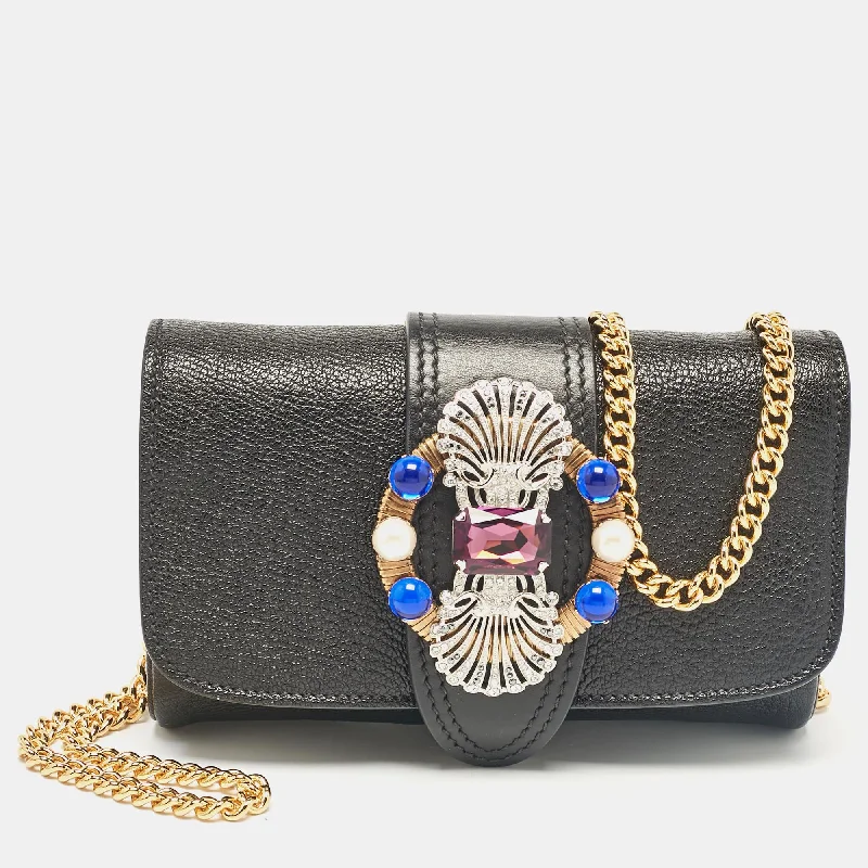 Women's Small Beaded Clutch in Silver for New Year's Eve PartyMiu Miu Black Leather Jewel Embellished Buckle Chain Clutch