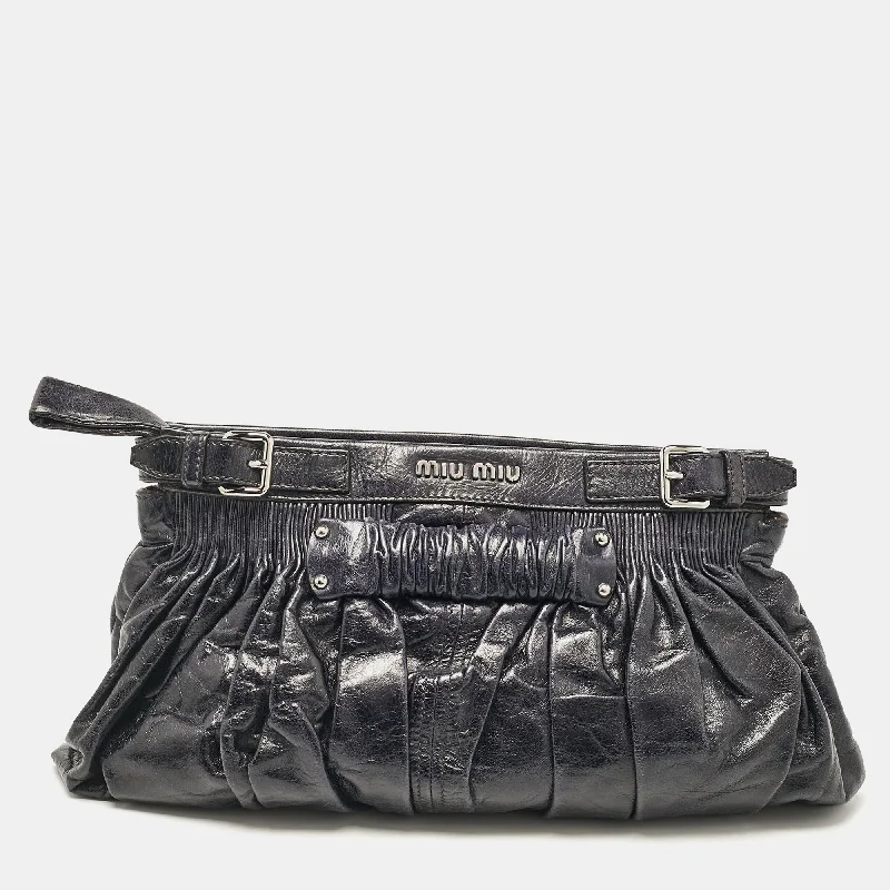 Leather Clutch with Chain Strap in Black for Cocktail PartiesMiu Miu Dark Blue Leather Ruched Buckle Clutch