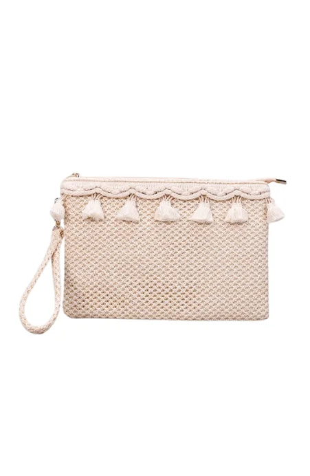 Lace - Trimmed Satin Clutch in Ivory for Garden WeddingsNaya Woven Crochet Tassel Clutch