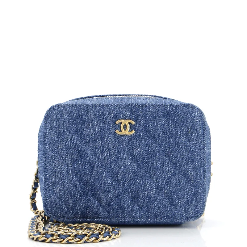 Women's Glittery Clutch in Blue for Disco - Themed EventsPearl Crush Zip Around Vanity Case with Chain Quilted Denim Mini