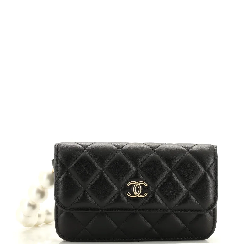 Leather Clutch with Chain Strap in Black for Cocktail PartiesPearl Strap Clutch with Chain Quilted Calfskin