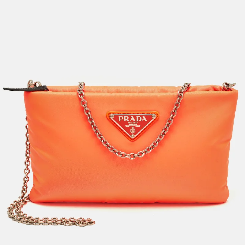 Women's Glittery Clutch in Blue for Disco - Themed EventsPrada Neon Orange Nylon Chain Clutch