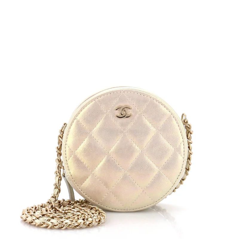 Women's Metallic Leather Clutch in Rose Gold for Valentine's DateRound Clutch with Chain Quilted Iridescent Lambskin Mini