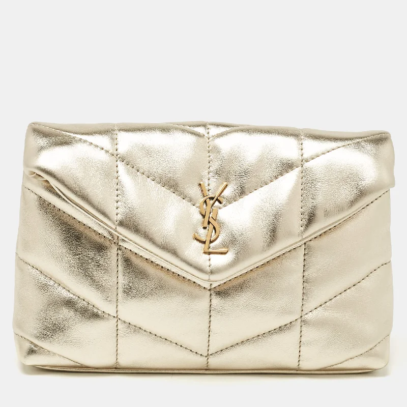 Leather Clutch with Chain Strap in Black for Cocktail PartiesSaint Laurent Gold Quilted Leather Puffer Pouch