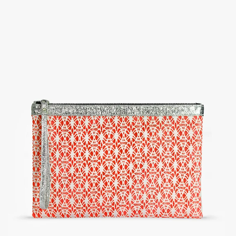 Floral - Printed Satin Clutch in Pink for Spring GalasSilver & White Orange Lace