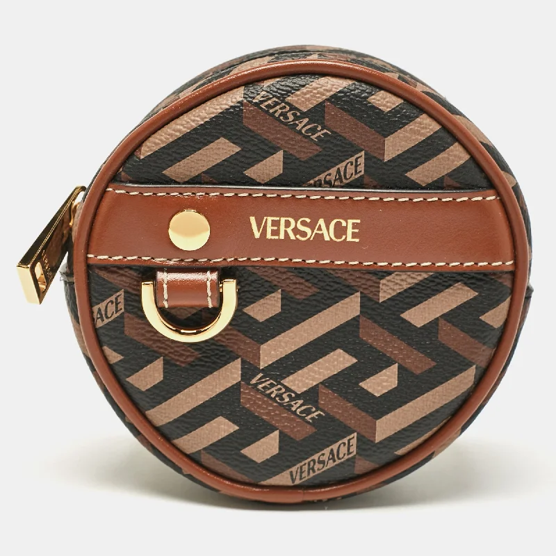 Women's Lizard - Print Clutch in Brown for a Chic LookVersace Brown La Greca Signature Coated Canvas Modular Round Pouch