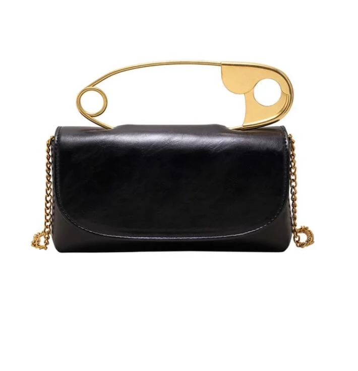 Women's Small Leather Crossbody Bag in Black with Gold Hardware for Evening PartiesBig Pin style Handbag